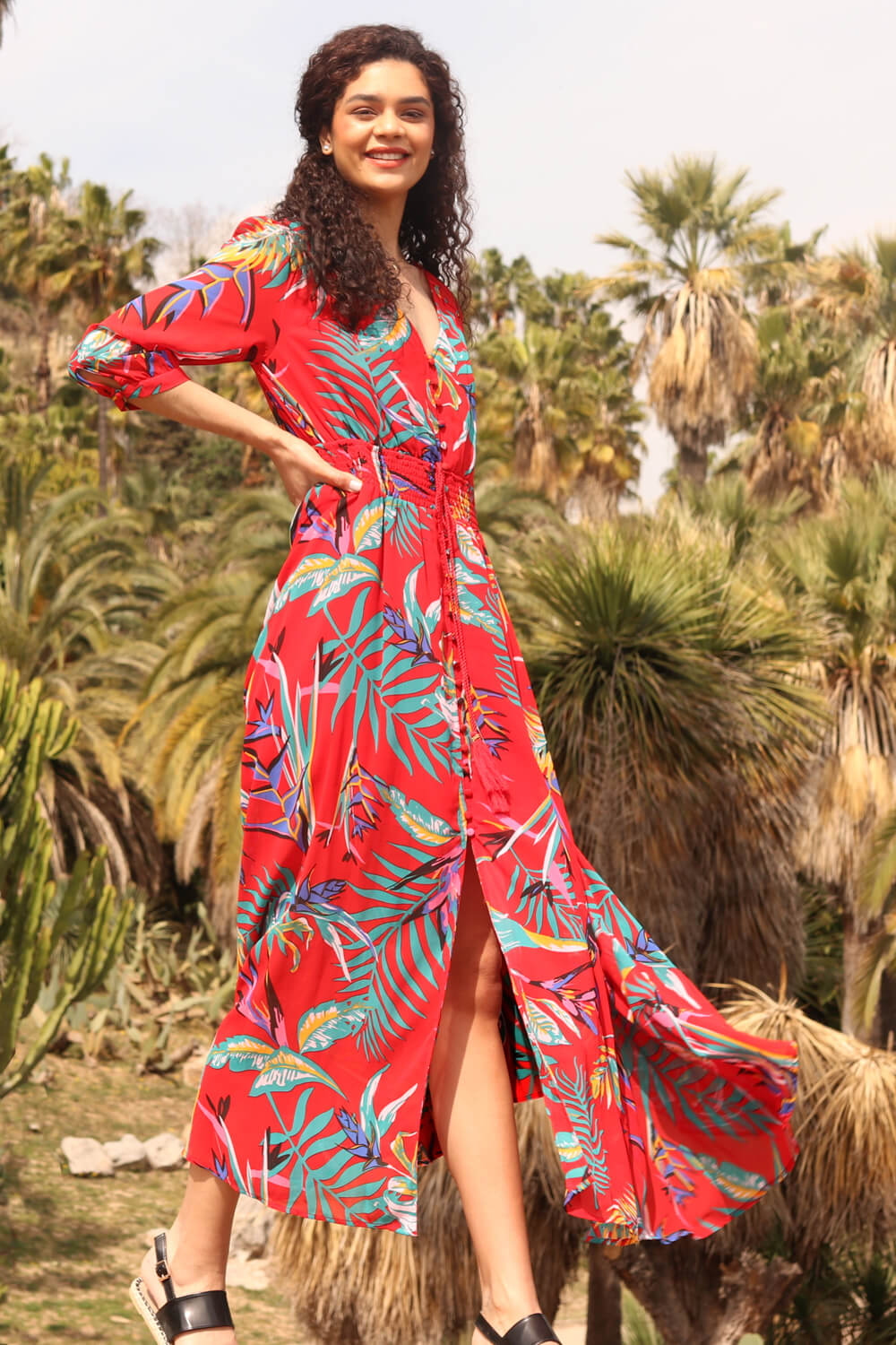 Red Tropical Print Belted Maxi Dress, Image 3 of 6