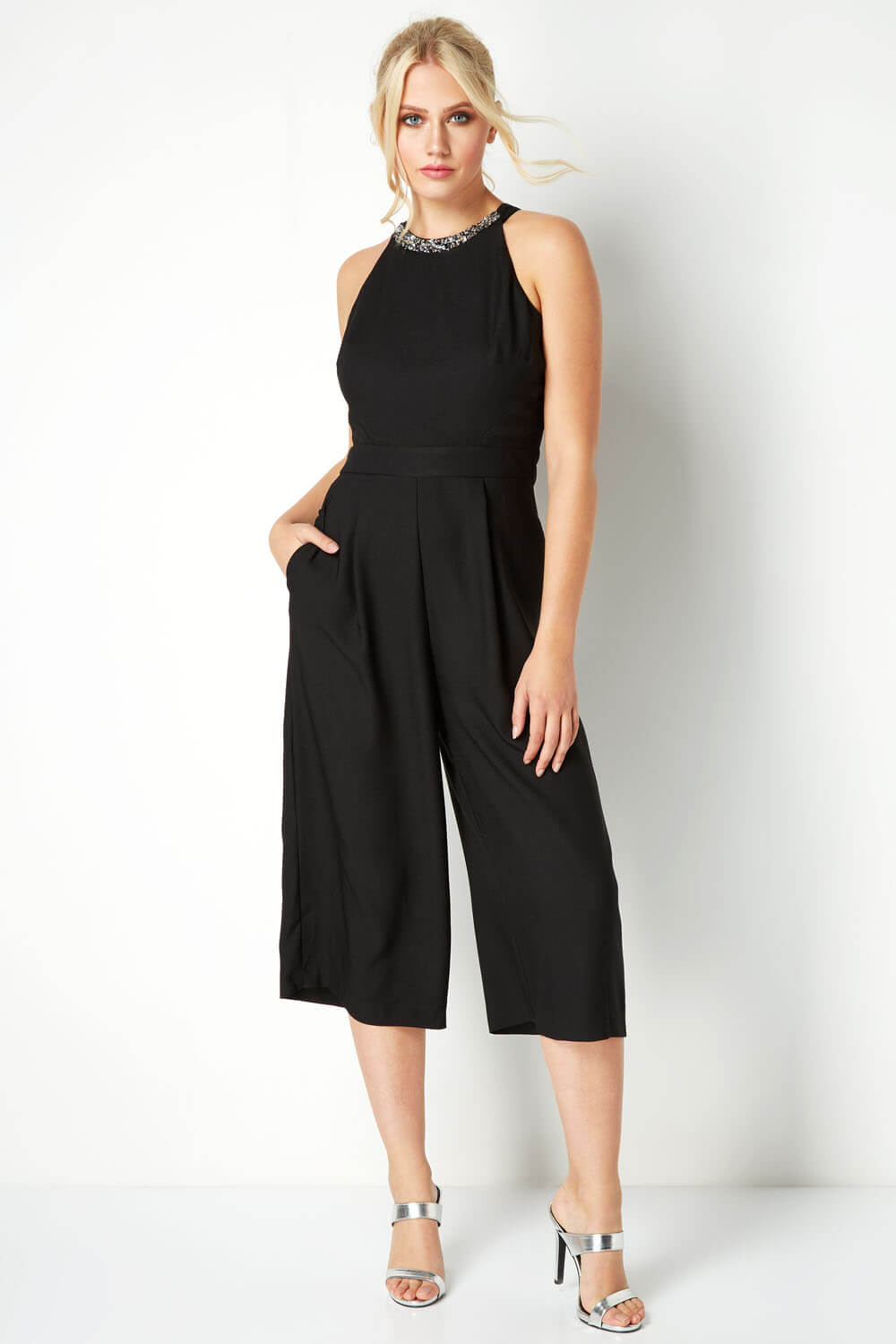 Black Embellished Culotte Jumpsuit, Image 2 of 5