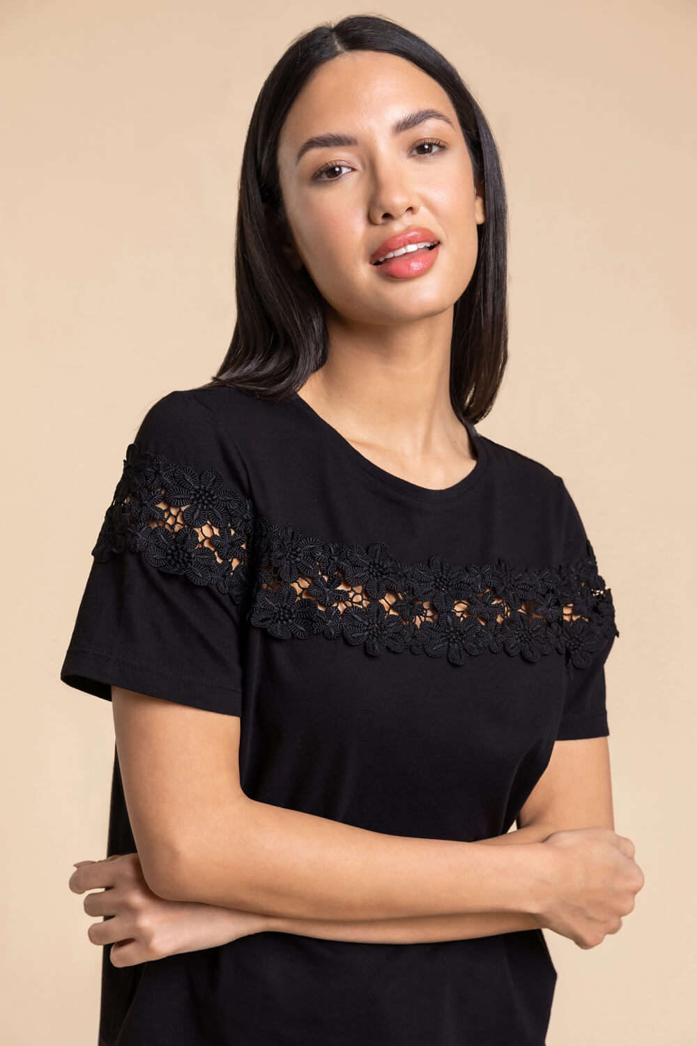 Black Lace Detail Jersey T-Shirt, Image 4 of 4