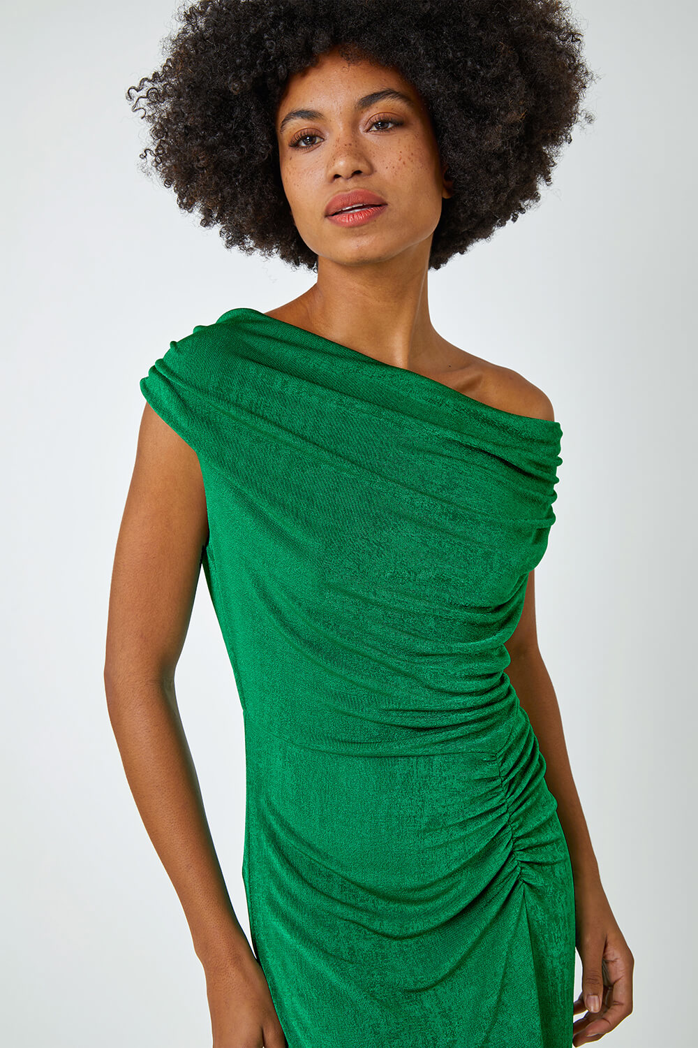 Green Cowl Neck Ruched Midi Dress, Image 4 of 5
