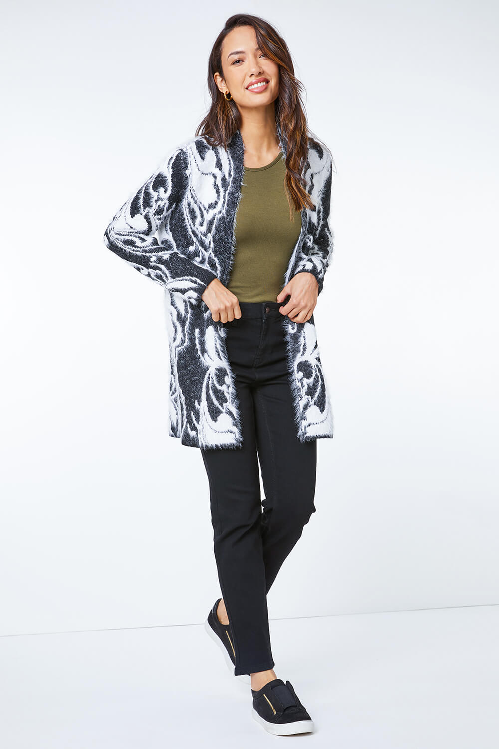 Jacquard Fluffy Longline Cardigan in Black Roman Originals UK