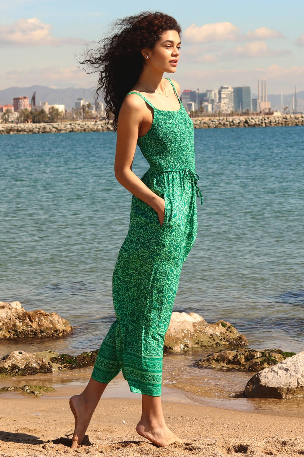Green Sleeveless Paisley Cropped Jumpsuit, Image 2 of 5