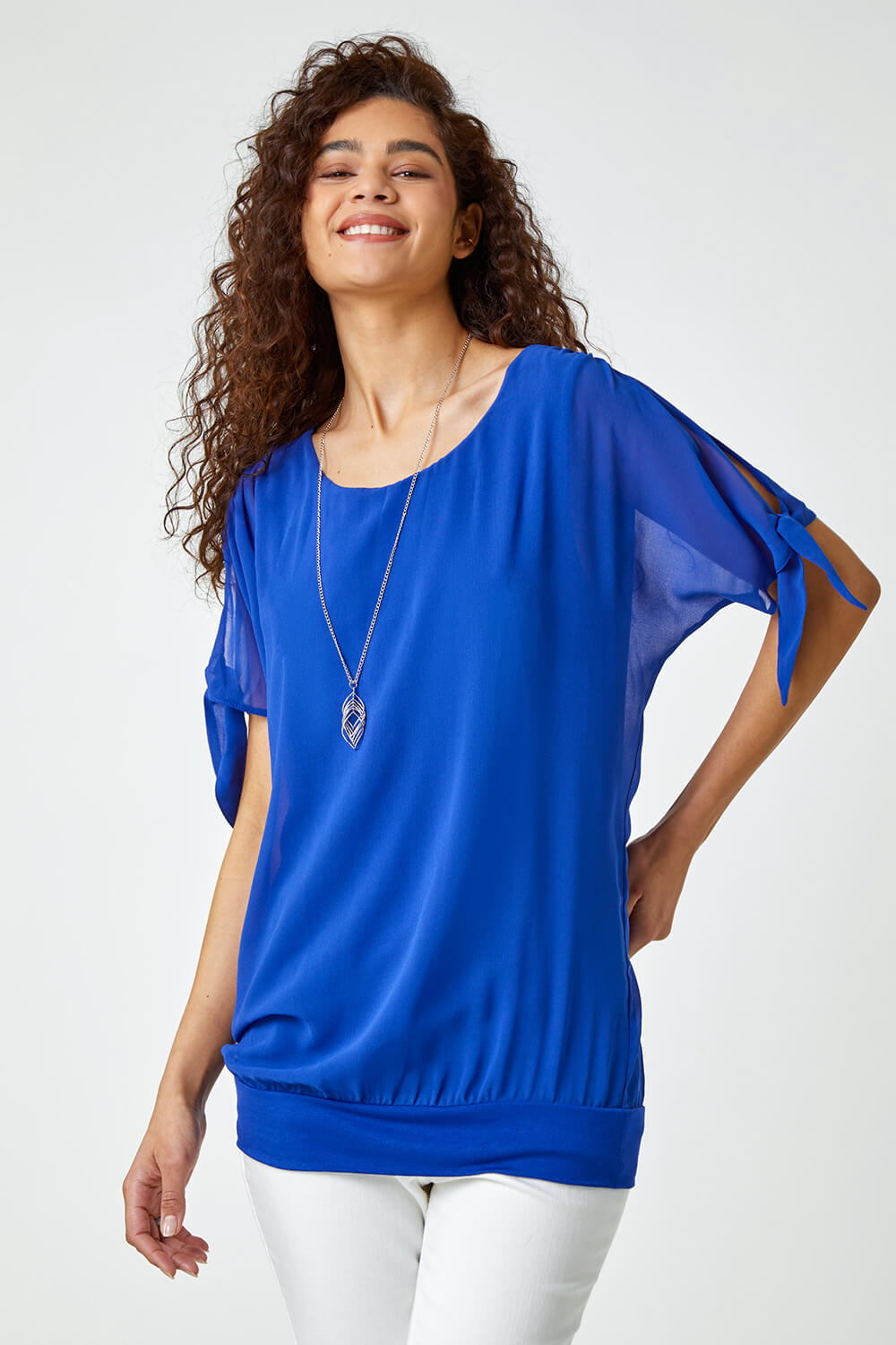 Royal Blue Chiffon Layered Tie Detail Top with Necklace, Image 2 of 5