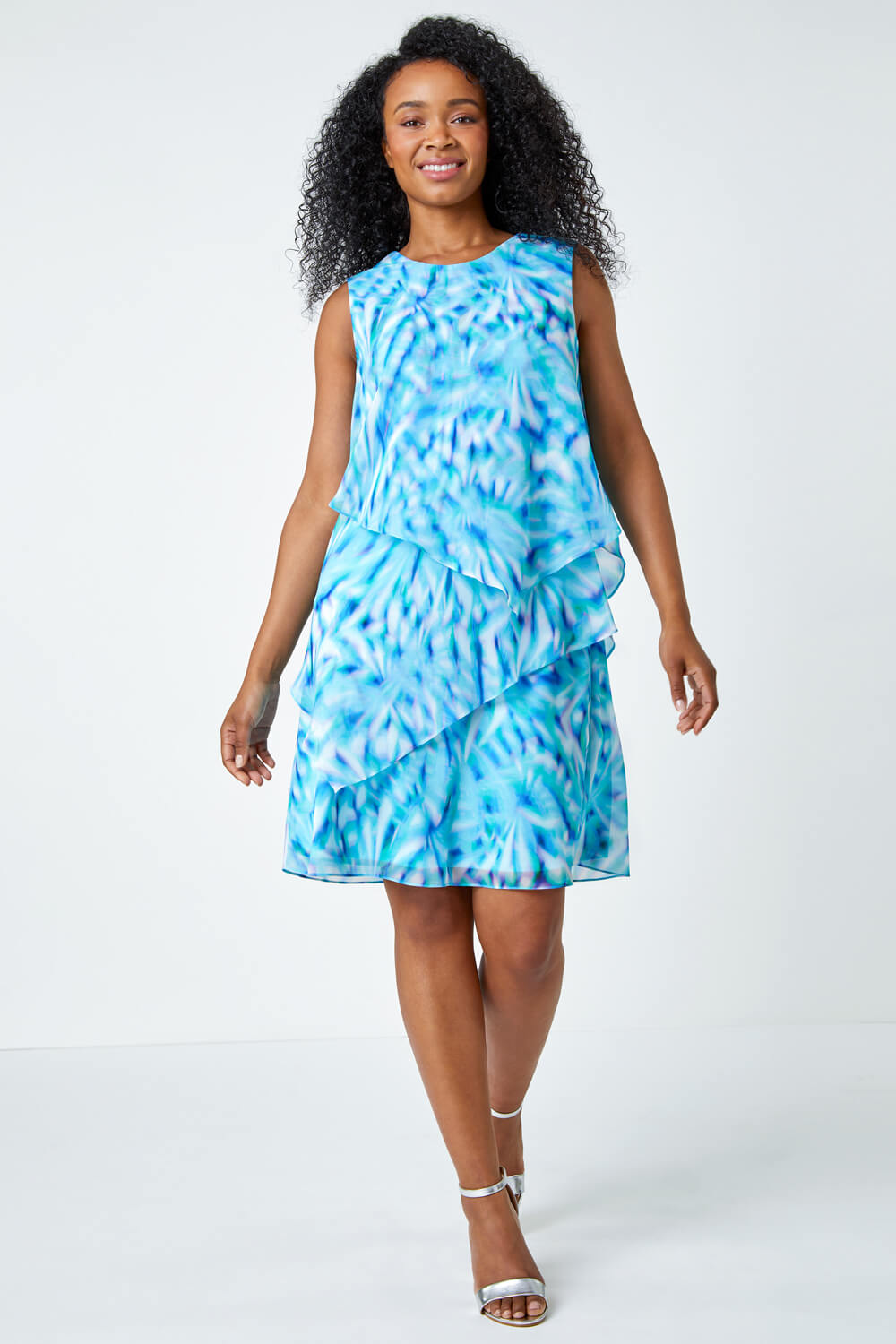 Turquoise Petite Abstract Tiered Chiffon Dress, Image 2 of 5