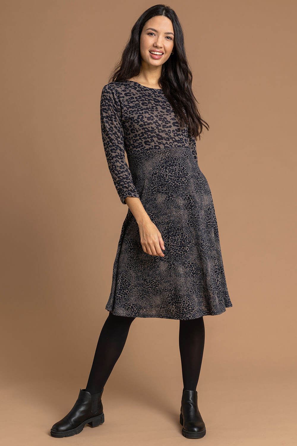 Taupe Contrast Animal Fit & Flare Dress, Image 3 of 4
