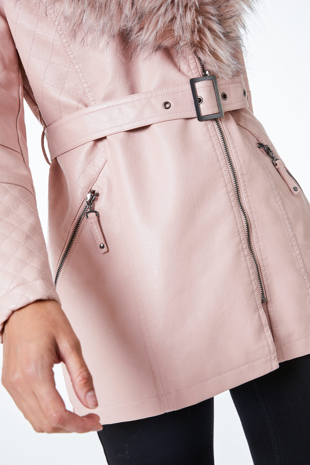 PINK Longline Faux Leather Belted Coat, Image 5 of 5