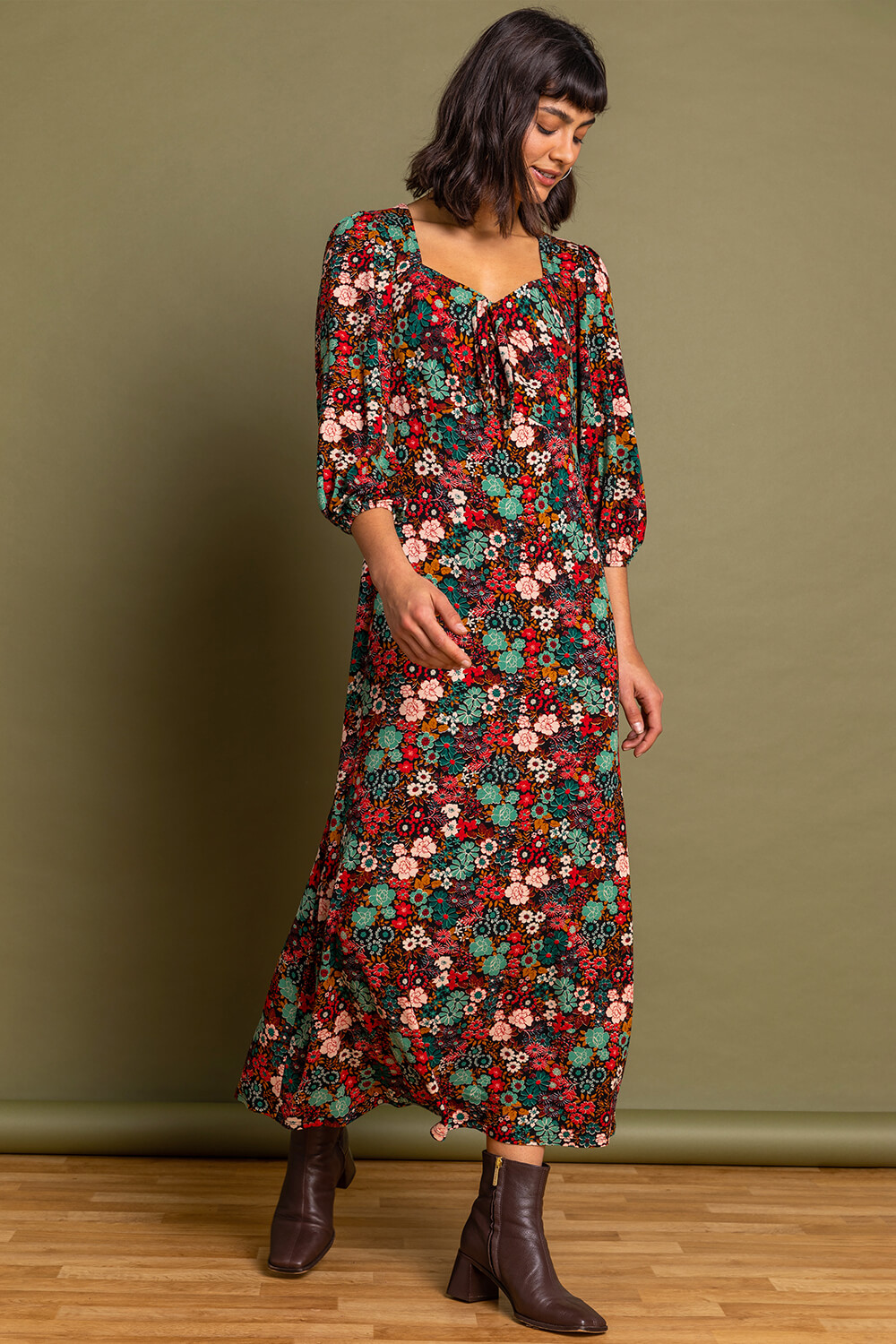 Rust Floral Print Tie Front Midi Dress, Image 3 of 5