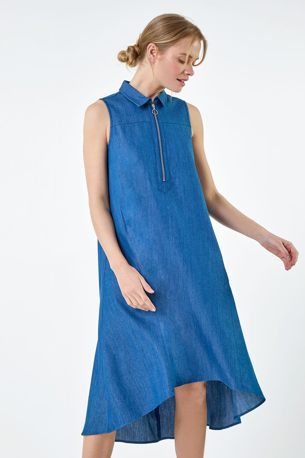 Blue Denim Zip Detail Dipped Hem Midi Dress, Image 2 of 5