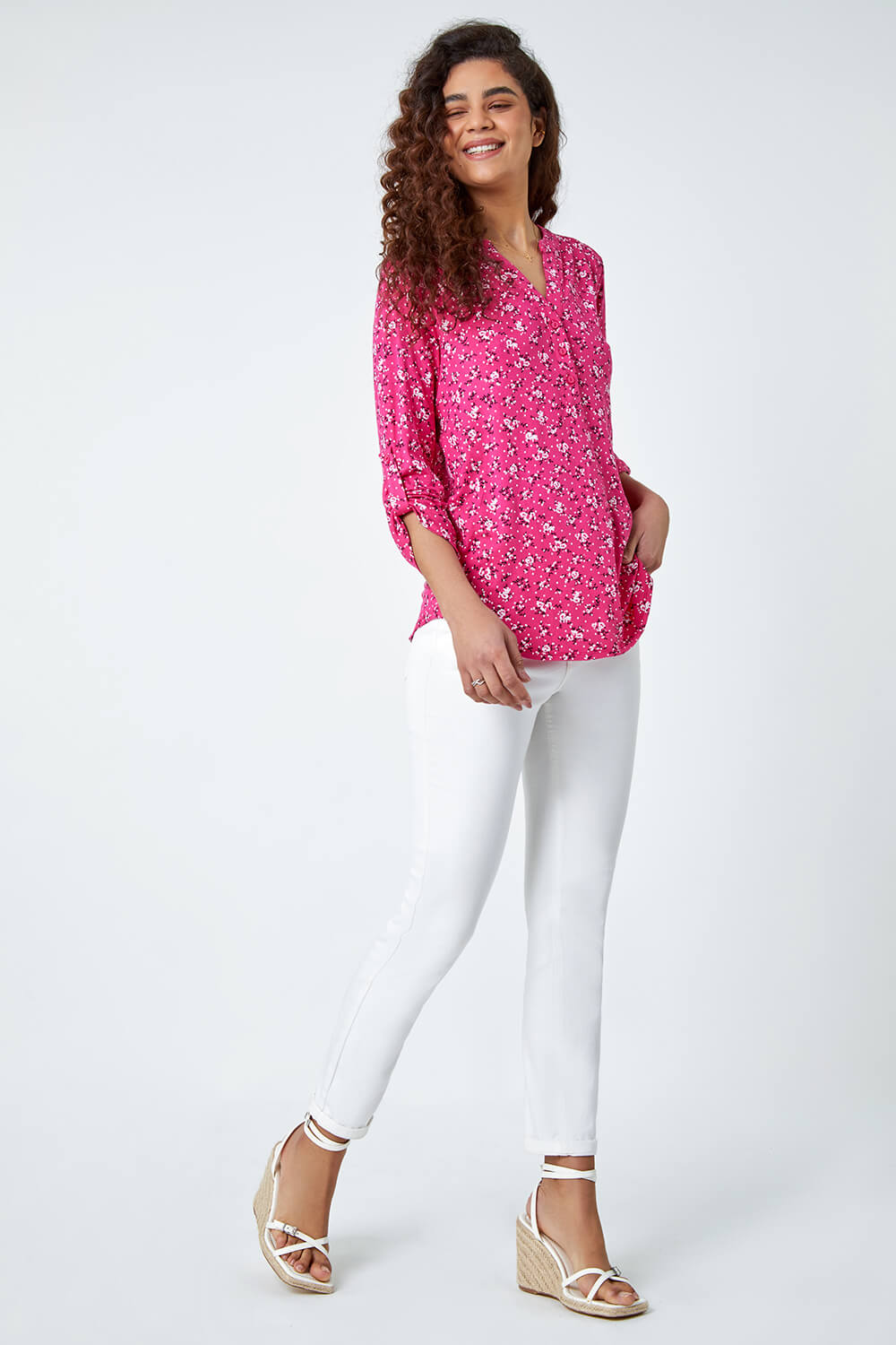 Fuchsia Ditsy Floral Notch Neck Stretch Top, Image 2 of 5