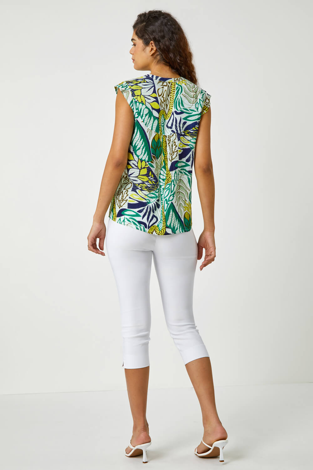 Green Abstract Leaf Print Frill Blouse, Image 3 of 5