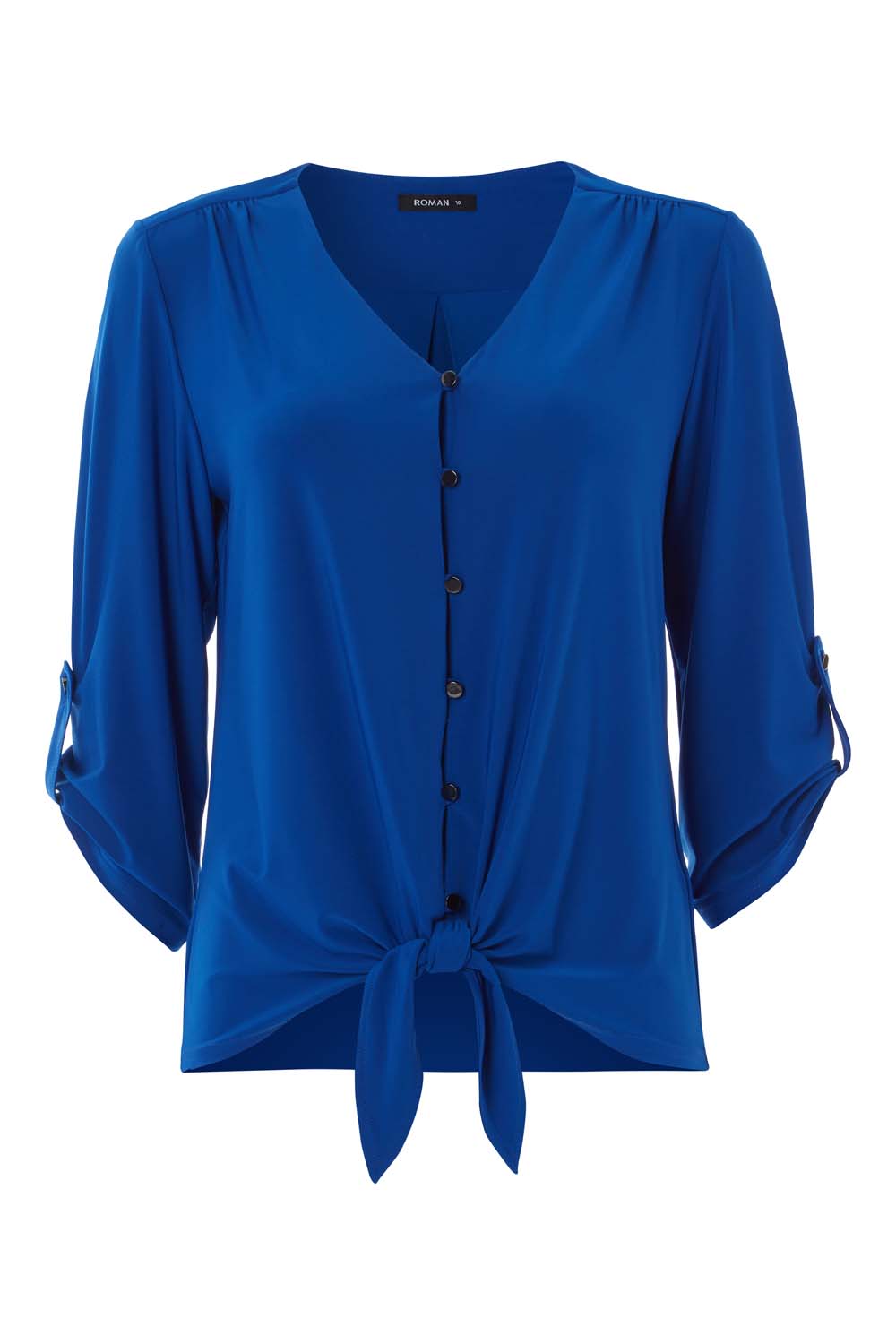 Royal Blue Tie Front Button Up Blouse, Image 4 of 8