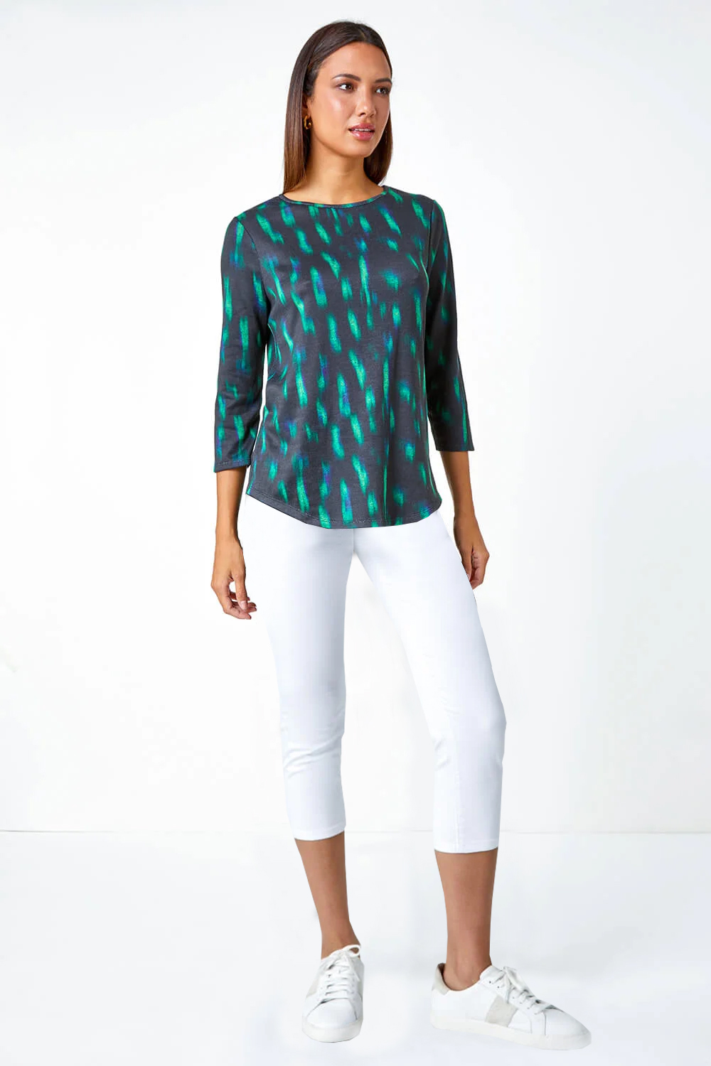 Green Abstract Scoop Hem Stretch Top, Image 2 of 5
