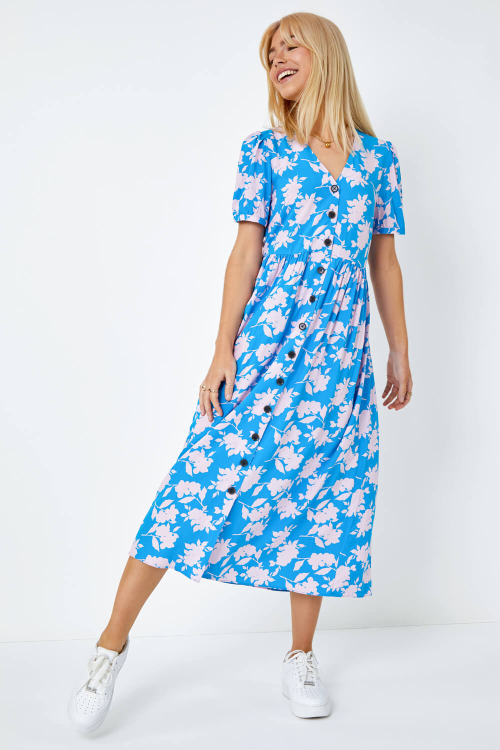 Blue Floral Print Button Detail Maxi Dress, Image 2 of 5