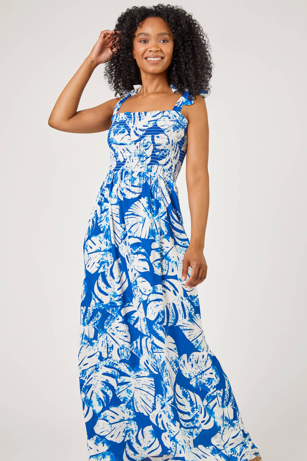 Blue Petite Tropical Print Shirred Maxi Dress , Image 4 of 5