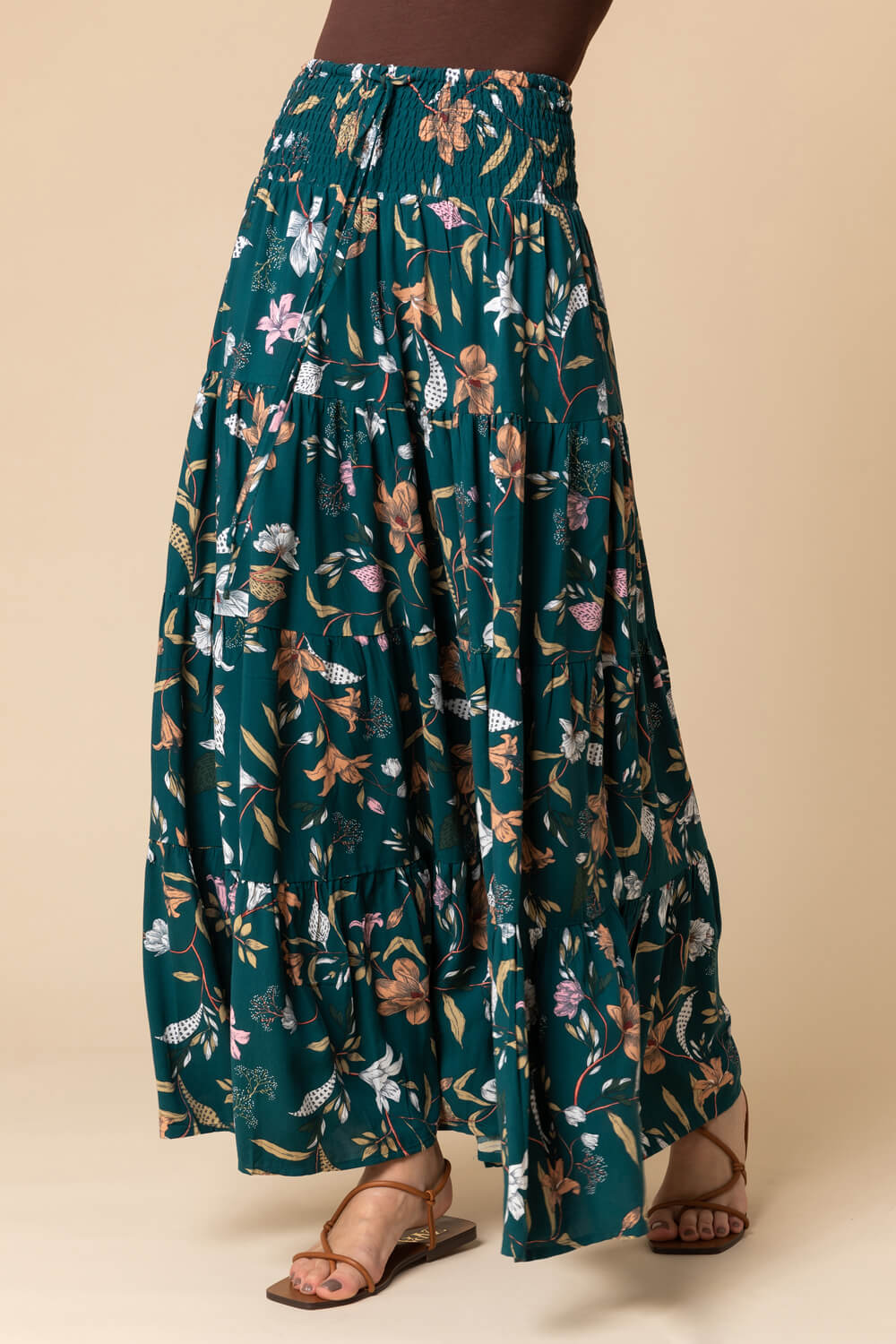 Floral Shirred Waist Maxi Skirt in Teal - Roman Originals UK