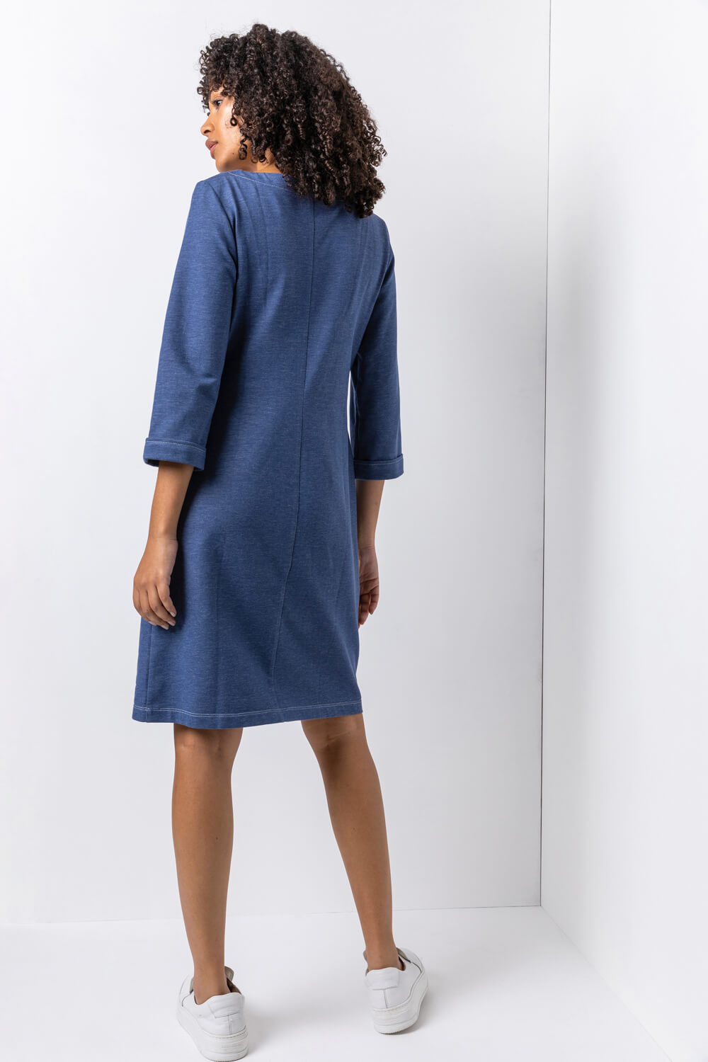 Denim Contrast Stitch Jersey Shift Dress, Image 2 of 4