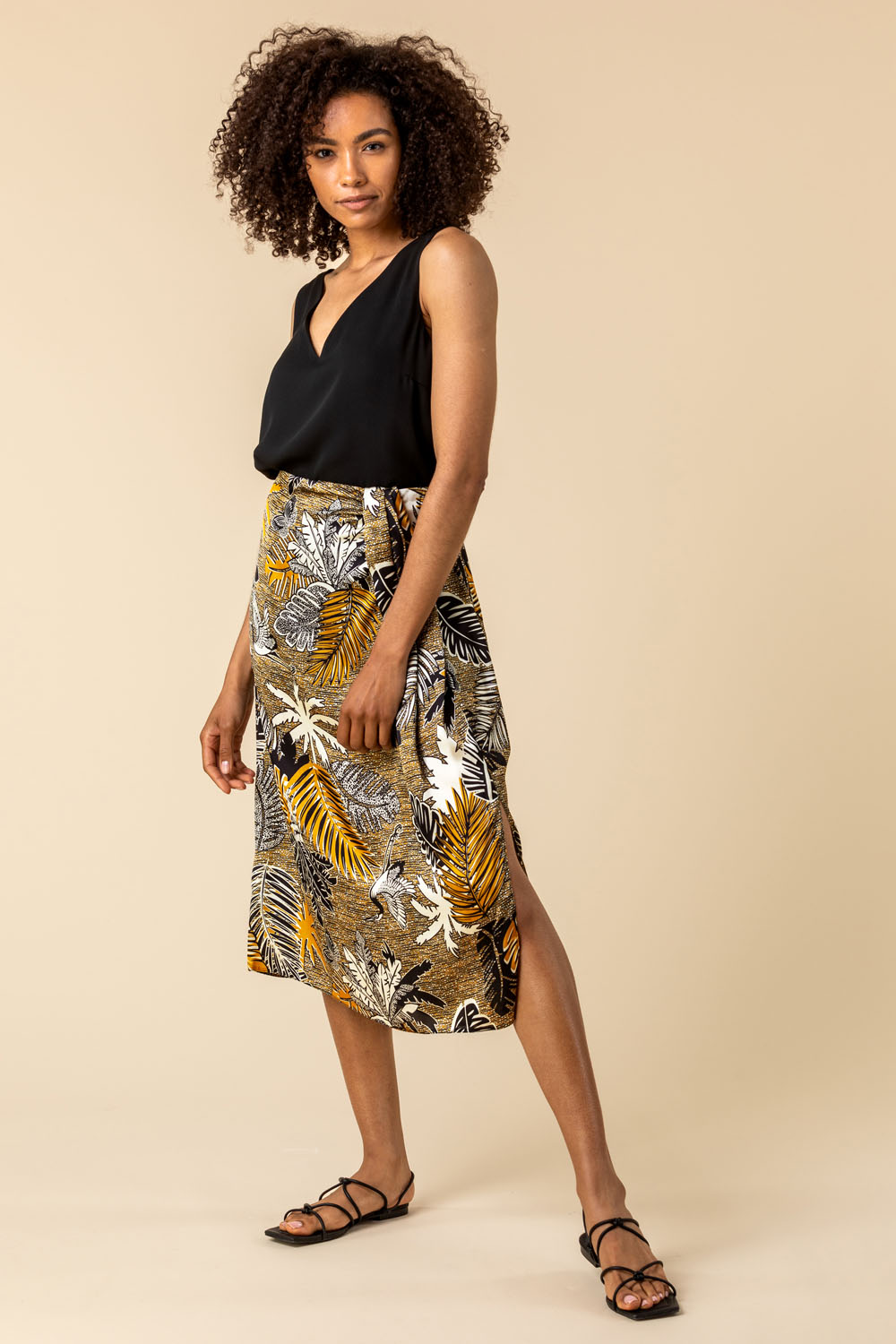 Ochre Tropical Print Pleat Detail Skirt, Image 4 of 4