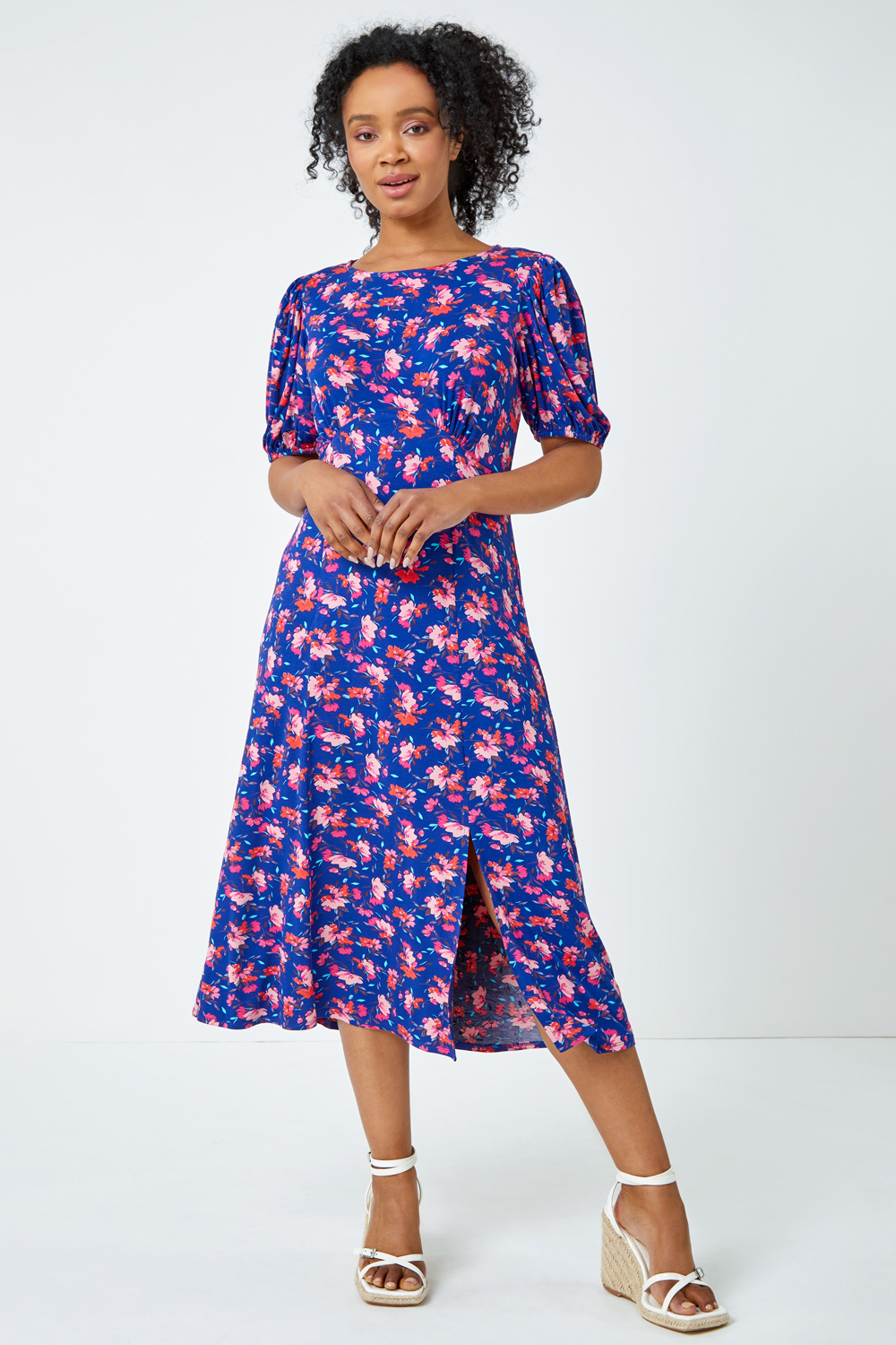 Navy Petite Floral Puff Sleeve Midi Dress | Roman UK