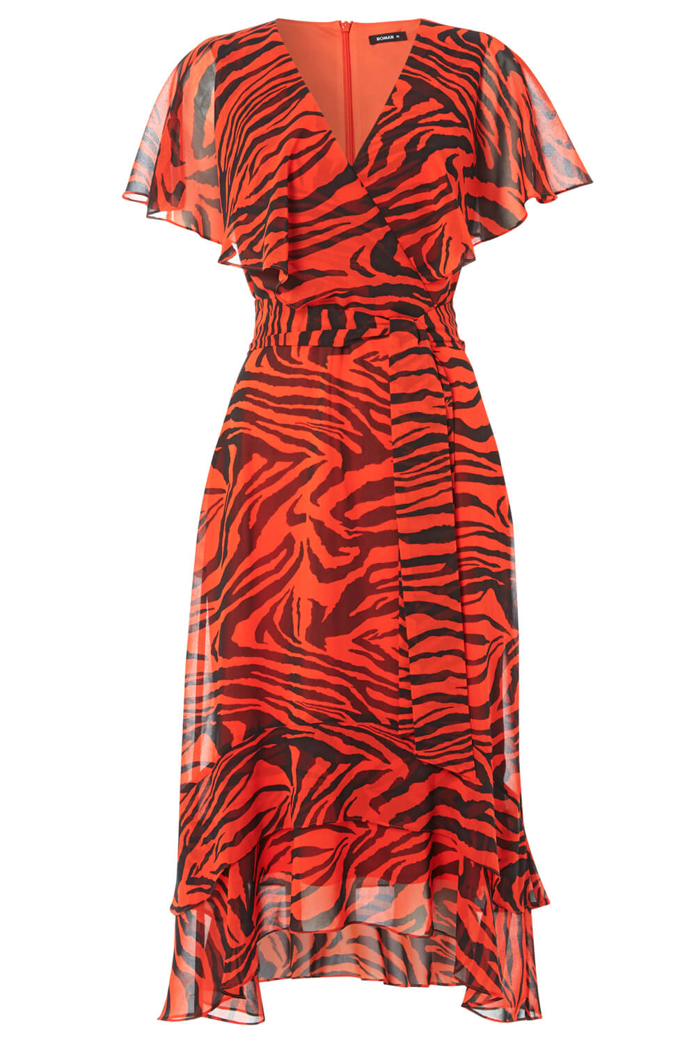 ORANGE Tiger Print Tie Waist Chiffon Midi Dress, Image 5 of 5