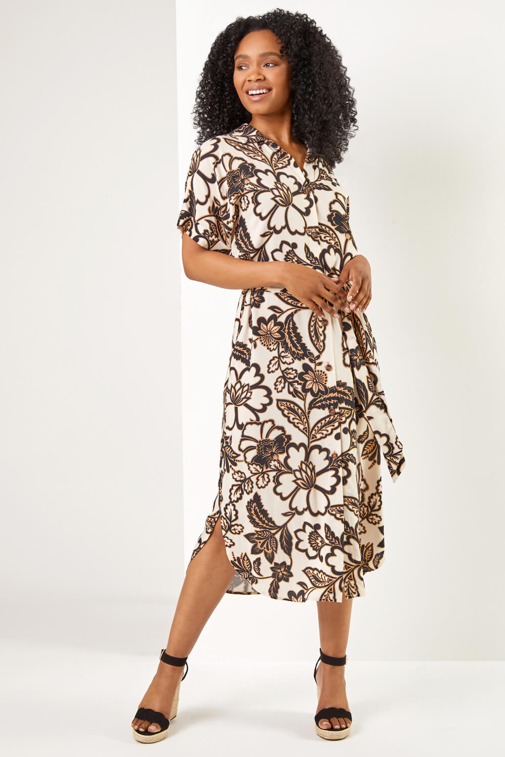 Beige Petite Floral Print Shirt Dress, Image 2 of 5