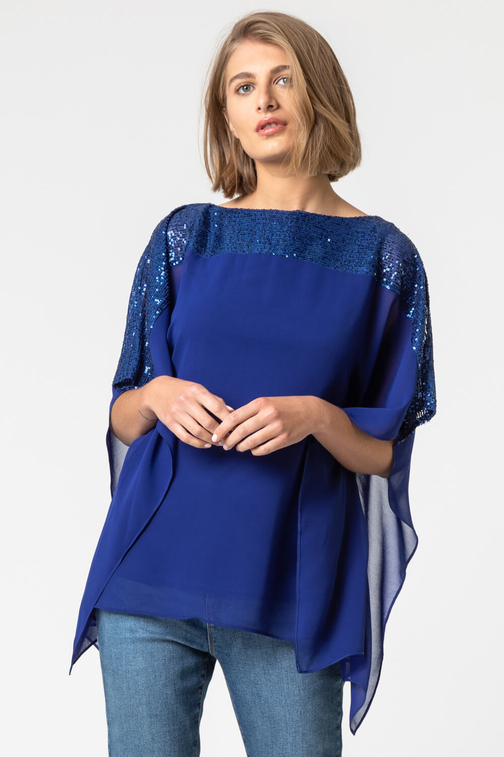 Royal Blue Sequin Embellished Chiffon Overlay Top, Image 4 of 4