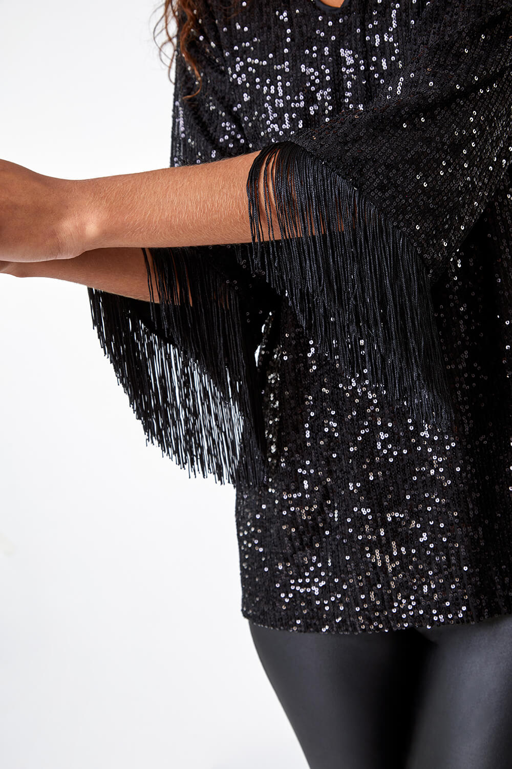 Black Sequin Tassel Detail Tunic Stretch Top Roman UK