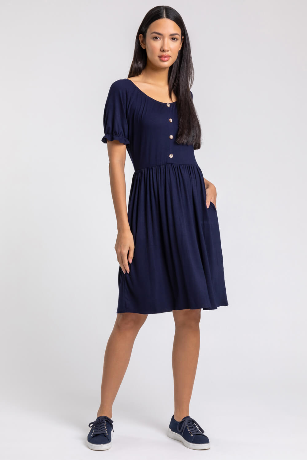 Puff Sleeve Buttoned Jersey Dress in Navy - Roman Originals UK