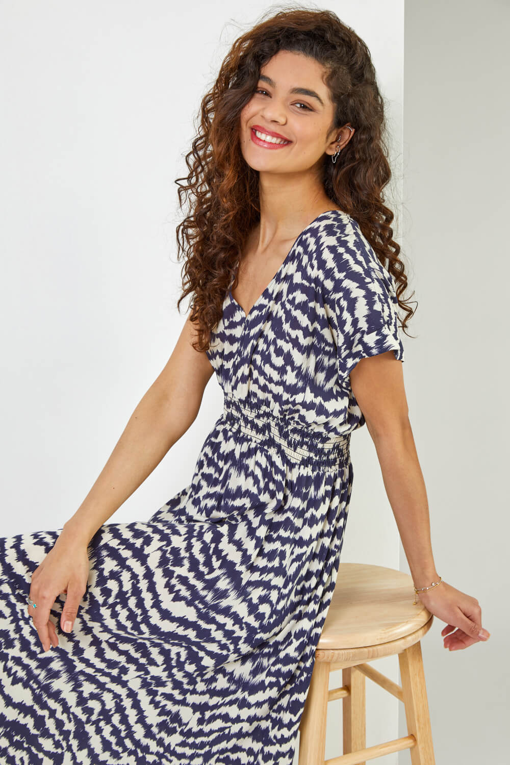 Navy  Abstract Print Fit & Flare Dress, Image 4 of 5