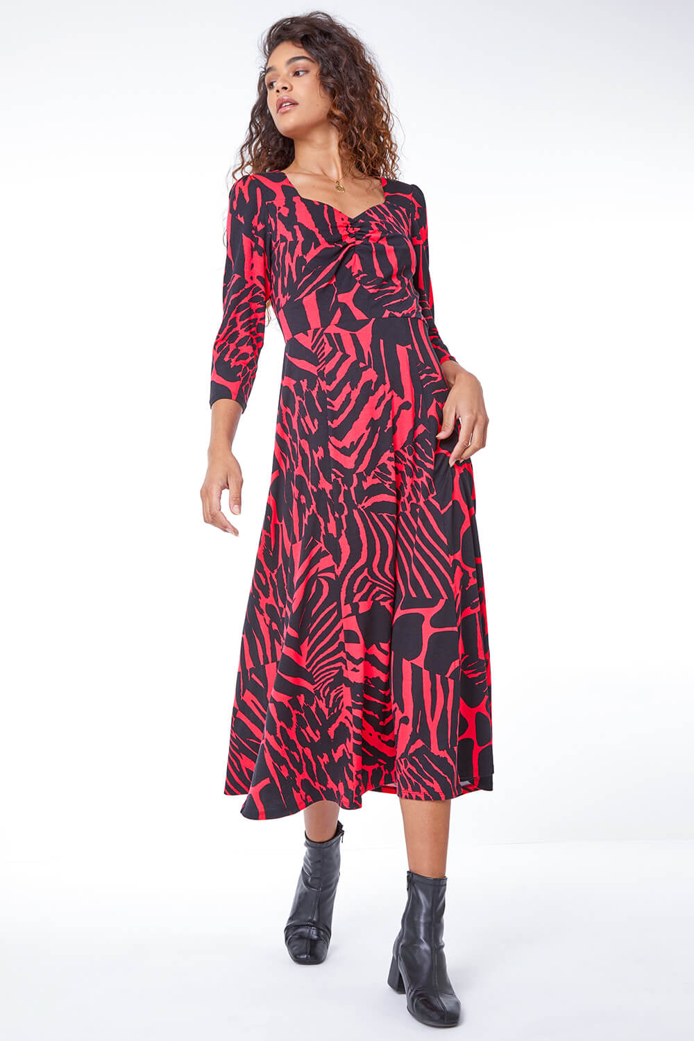 Fushcia Abstract Animal Print Ruched Midi Dress, Image 3 of 5