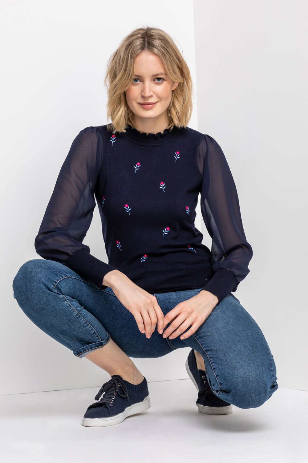 Midnight Blue Floral Embroidered Frill Neck Top, Image 5 of 5