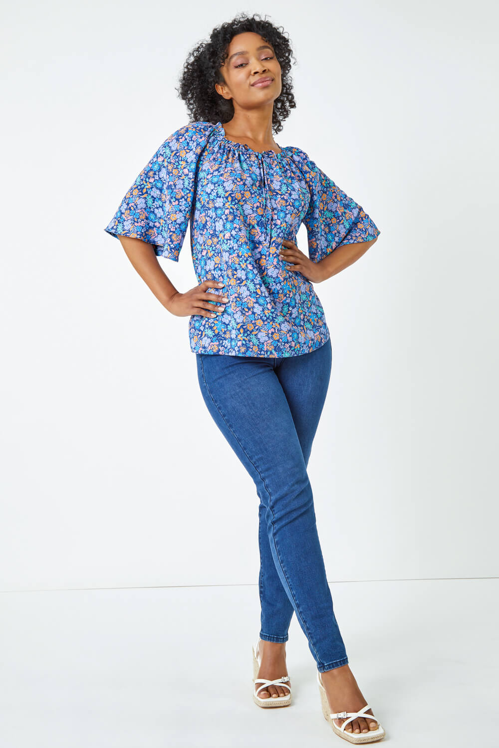 Blue Petite Frill Neck Floral Top, Image 2 of 5