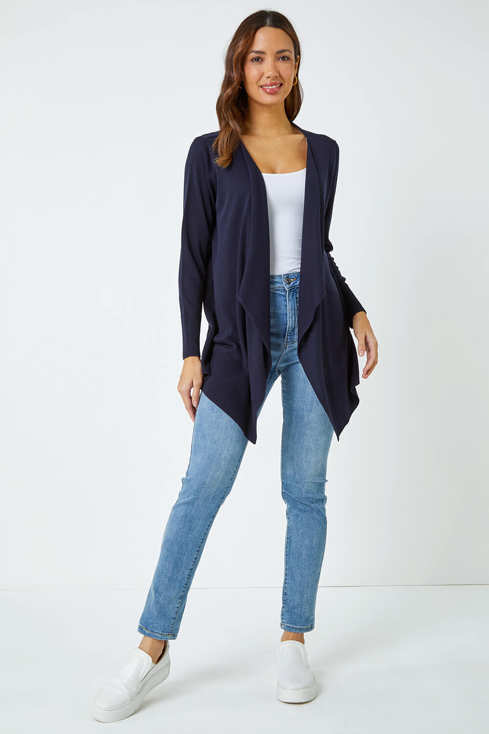 Navy Waterfall Front Knitted Cardigan | Roman UK