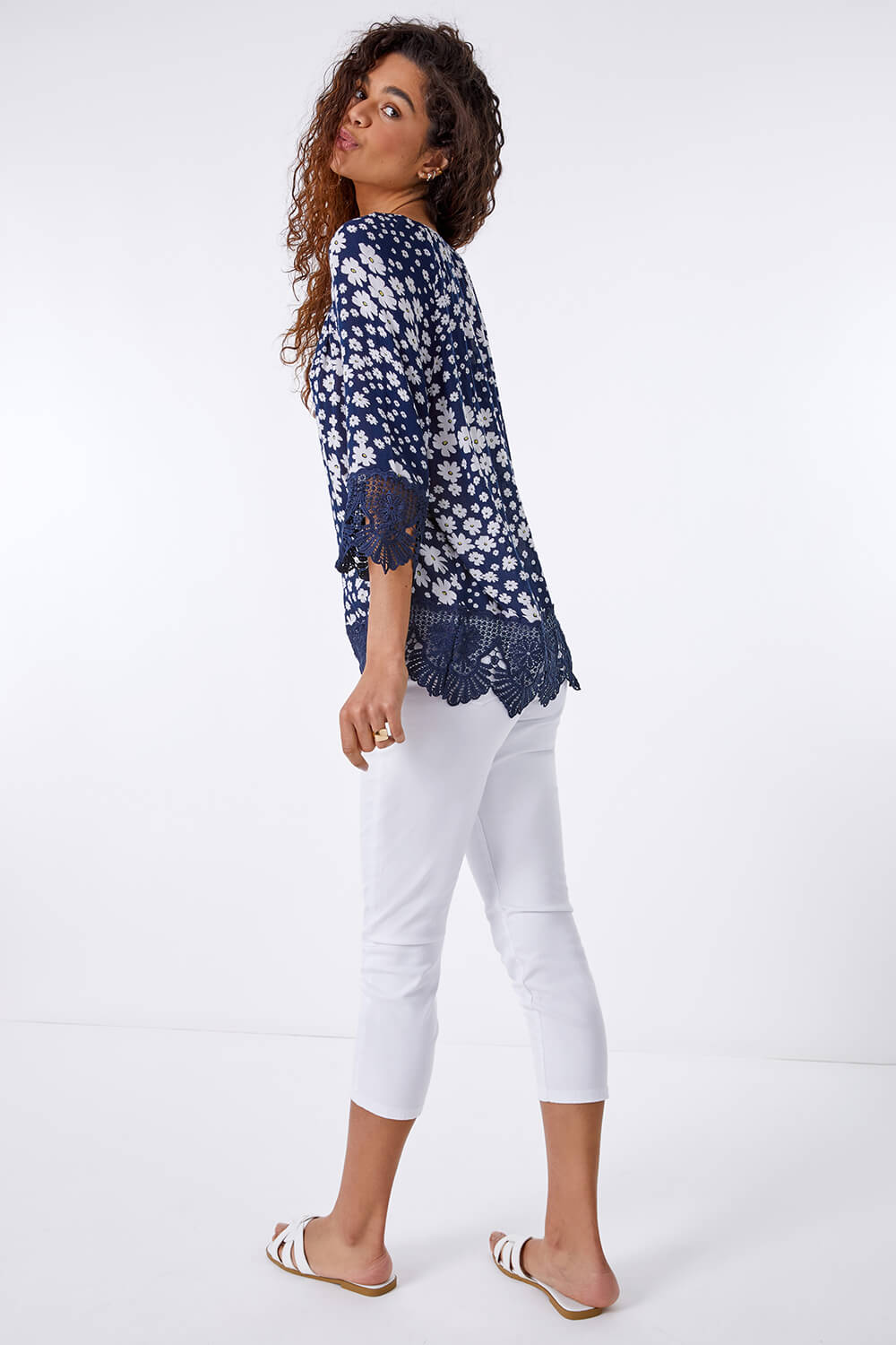 Navy  Floral Print Lace Trim Top, Image 3 of 4