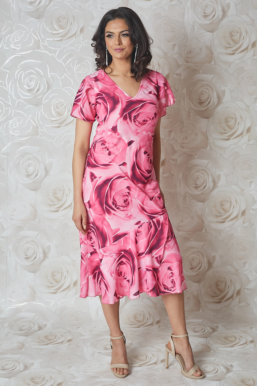 CERISE Rose Print Bias Cut Midi Dress , Image 3 of 5