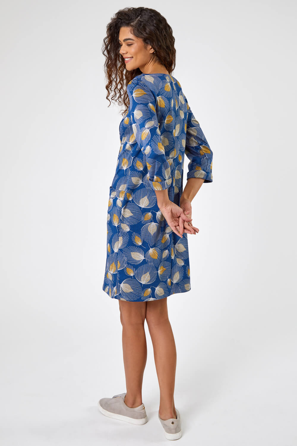 Blue Graphic Floral Panel Shift Dress, Image 2 of 5