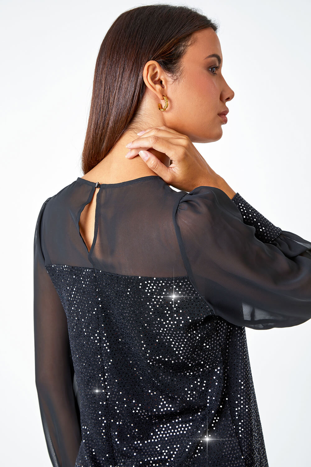 Black Sequin Chiffon Sleeve Stretch Top, Image 4 of 5