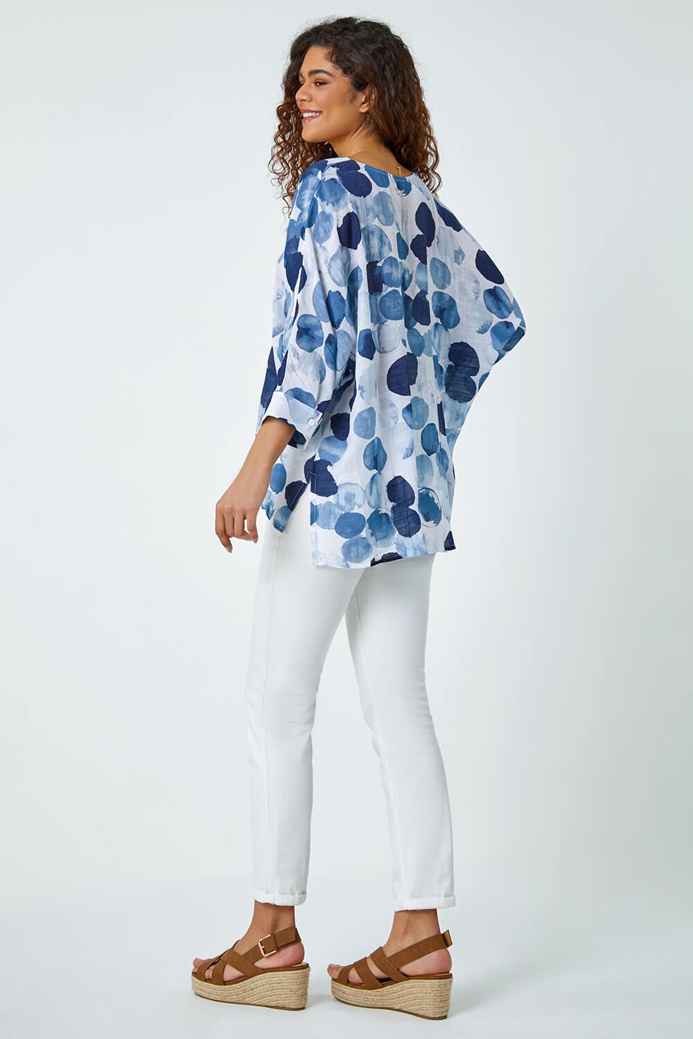 Blue Spot Print Relaxed Woven Top, Image 3 of 5