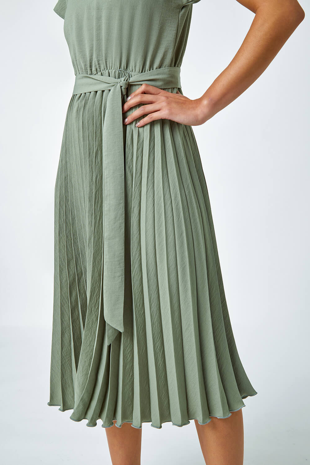 KHAKI Petite Plain Pleated Skirt Midi Dress, Image 5 of 5