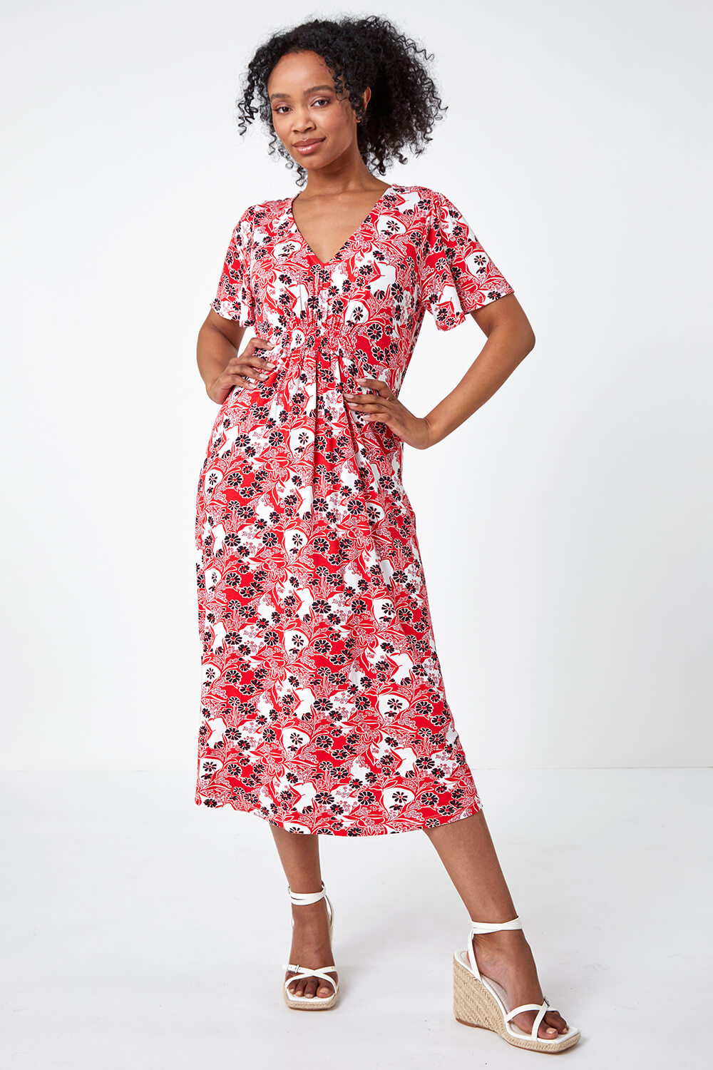 Red Petite Floral Shirred Stretch Midi Dress, Image 2 of 4