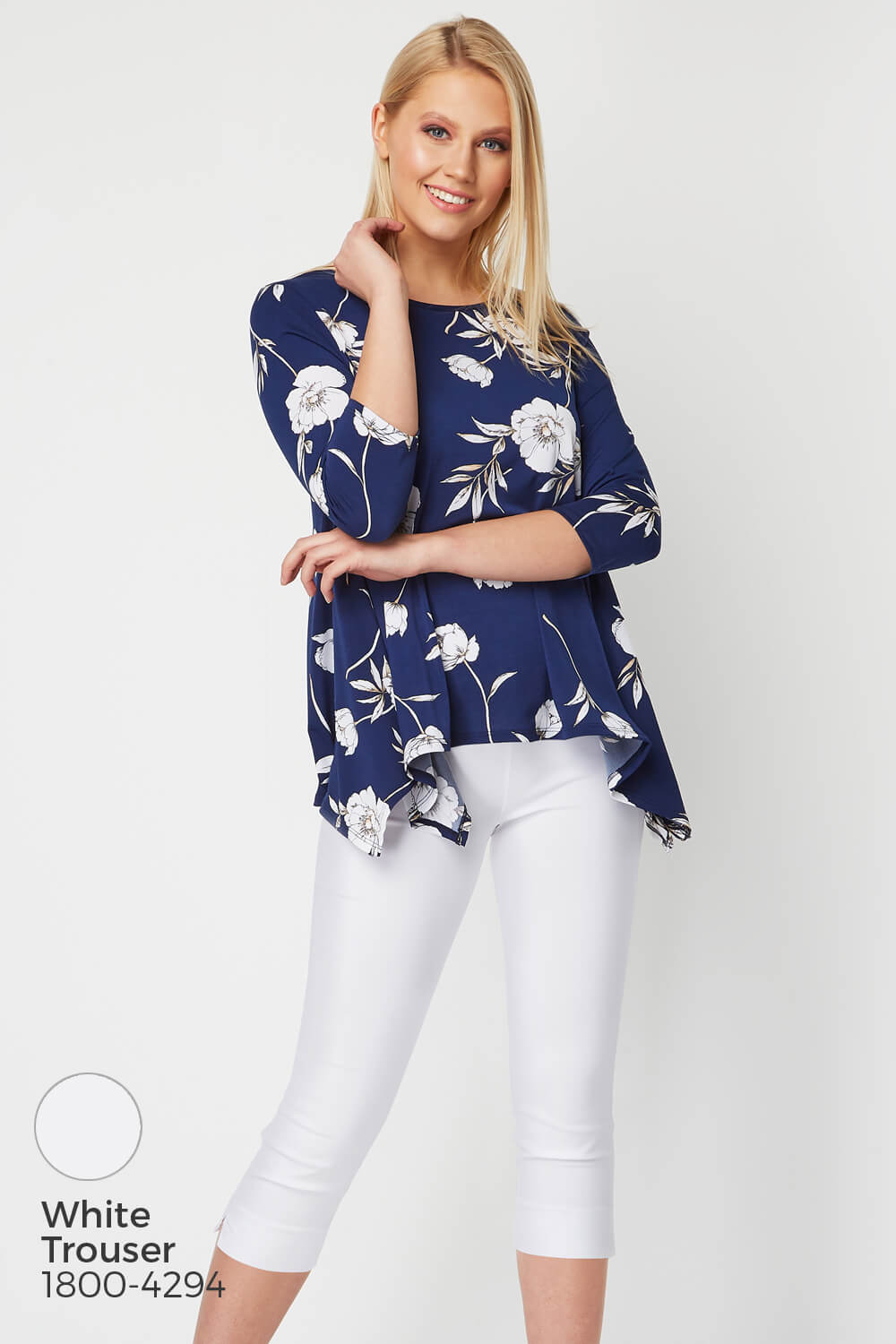 Navy  Floral 3/4 Sleeve Smock Top, Image 5 of 8