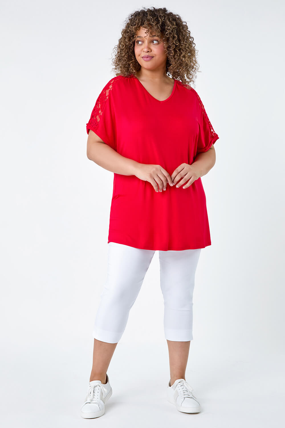 Red Curve Lace Shoulder Stretch Jersey T-Shirt, Image 2 of 5