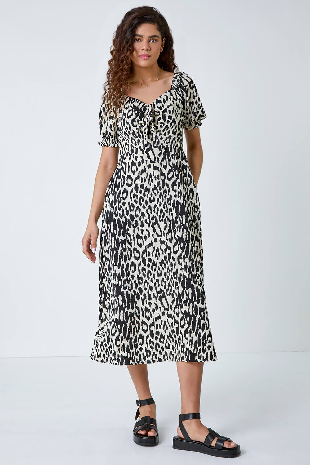 Black Leopard Print Ruched Pocket Midi Dress, Image 2 of 6