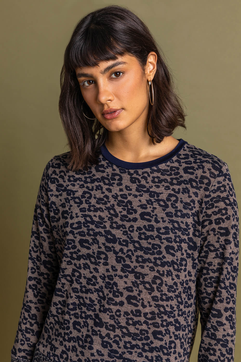 Taupe Leopard Print Round Neck Long Sleeve Jersey Top, Image 3 of 4