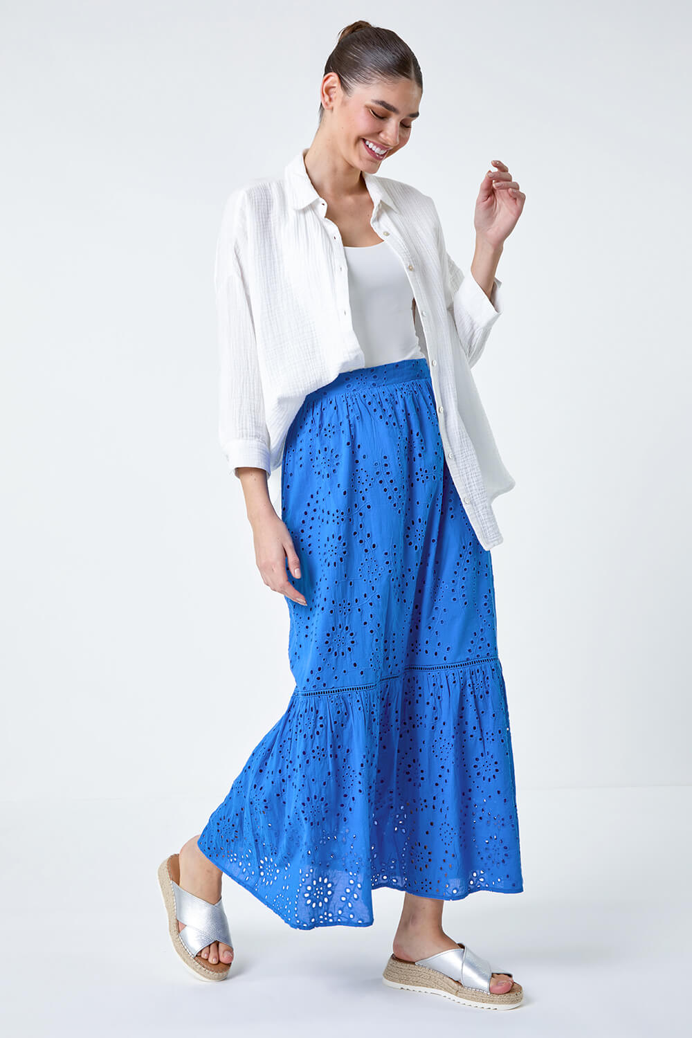 Blue Cotton Broderie Pocket Midi Skirt, Image 2 of 5