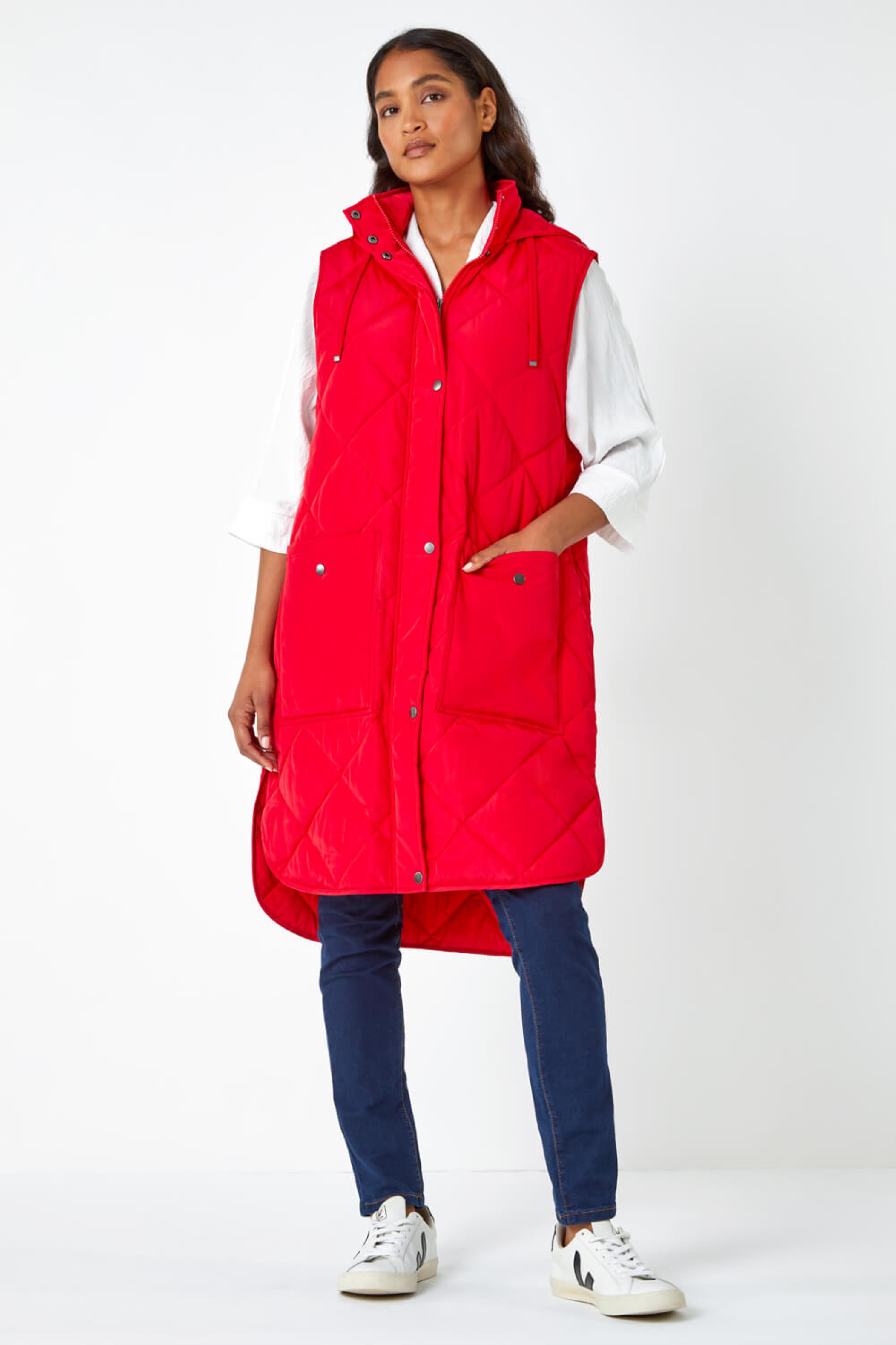 Red Diamond Quilted Longline Gilet, Image 2 of 7