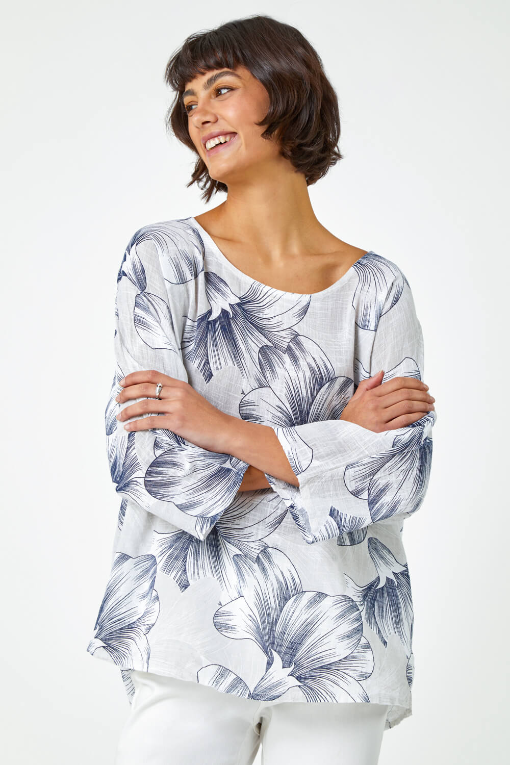 Grey Floral Print Cotton Tunic Top, Image 2 of 5