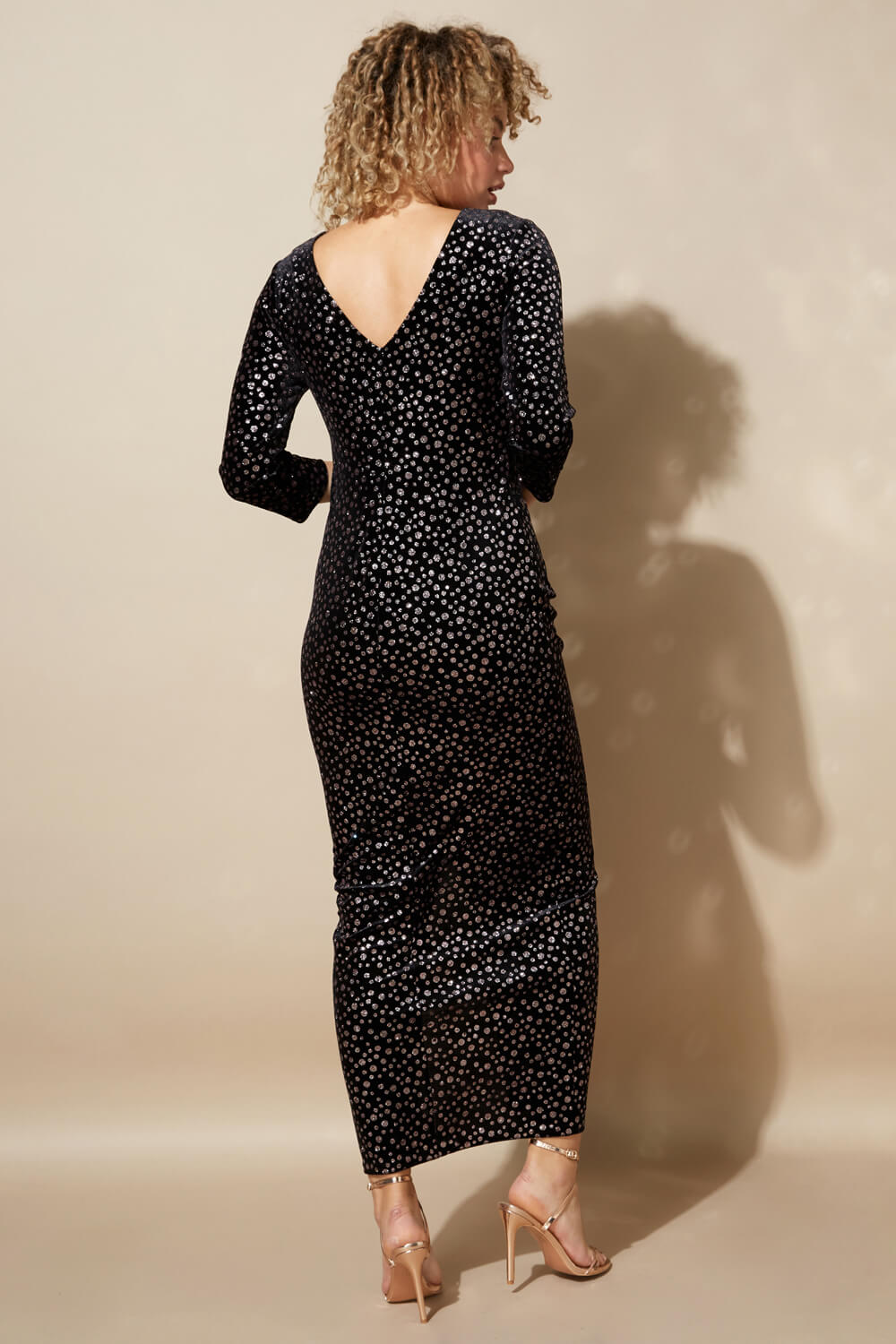 Black Glitter Spot Side Split Maxi Dress, Image 3 of 4