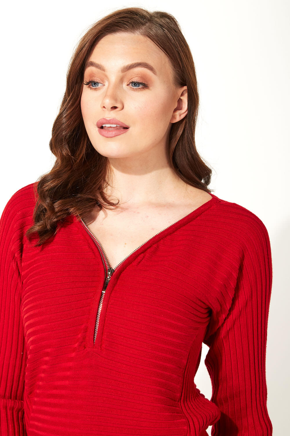 Red Zip Front V Neck Jersey Long Sleeve Top, Image 4 of 5