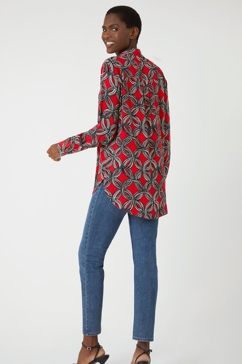 Red Geometric Print Button Blouse , Image 5 of 6