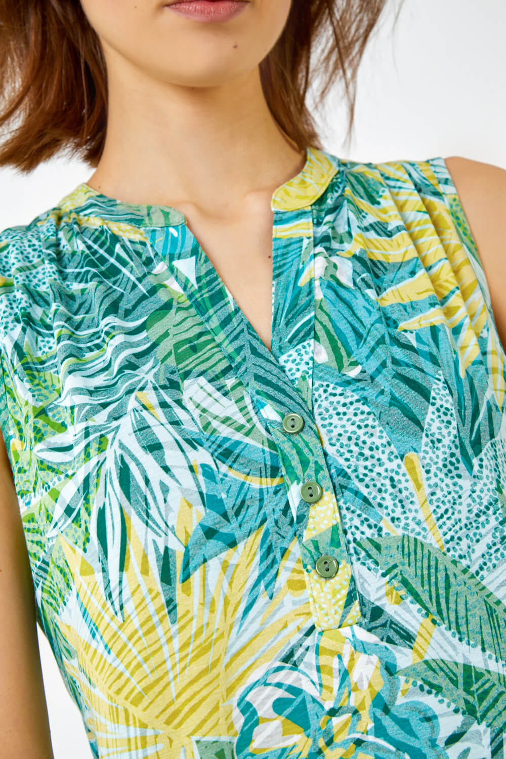 Green Sleeveless Tropical Button Detail Top, Image 5 of 5